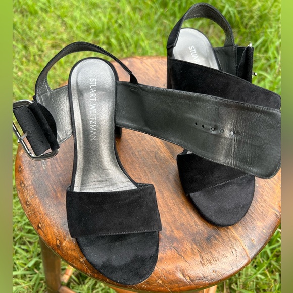 Women’s Stuart Weitzman Black Block Heel Buckle Style Suede Sandal SIZE 7 - Picture 4 of 11